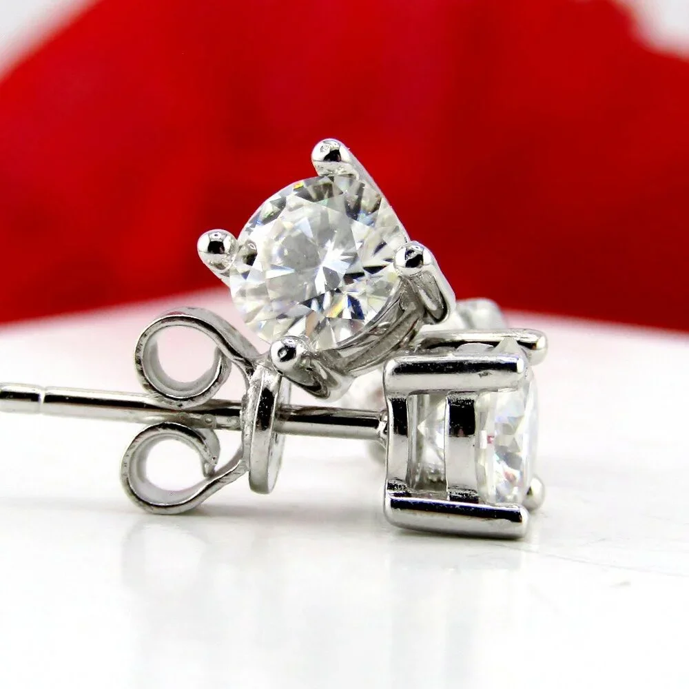 Moissanite Diamond Solitaire Stud Earrings (1 Carat ) 925 Silver Genuine Real - Picture 1 of 9